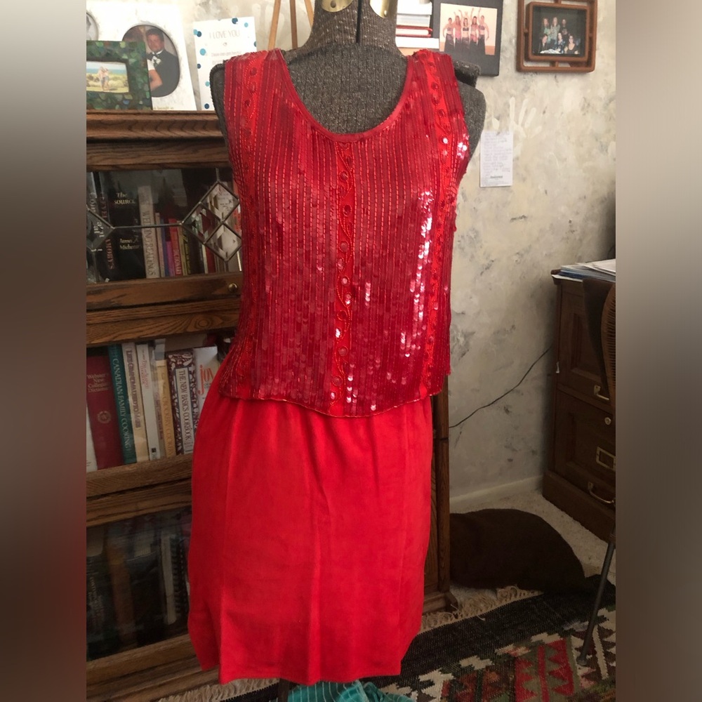 Elegant Red Sequin Dress suede skirt and silk top vintage